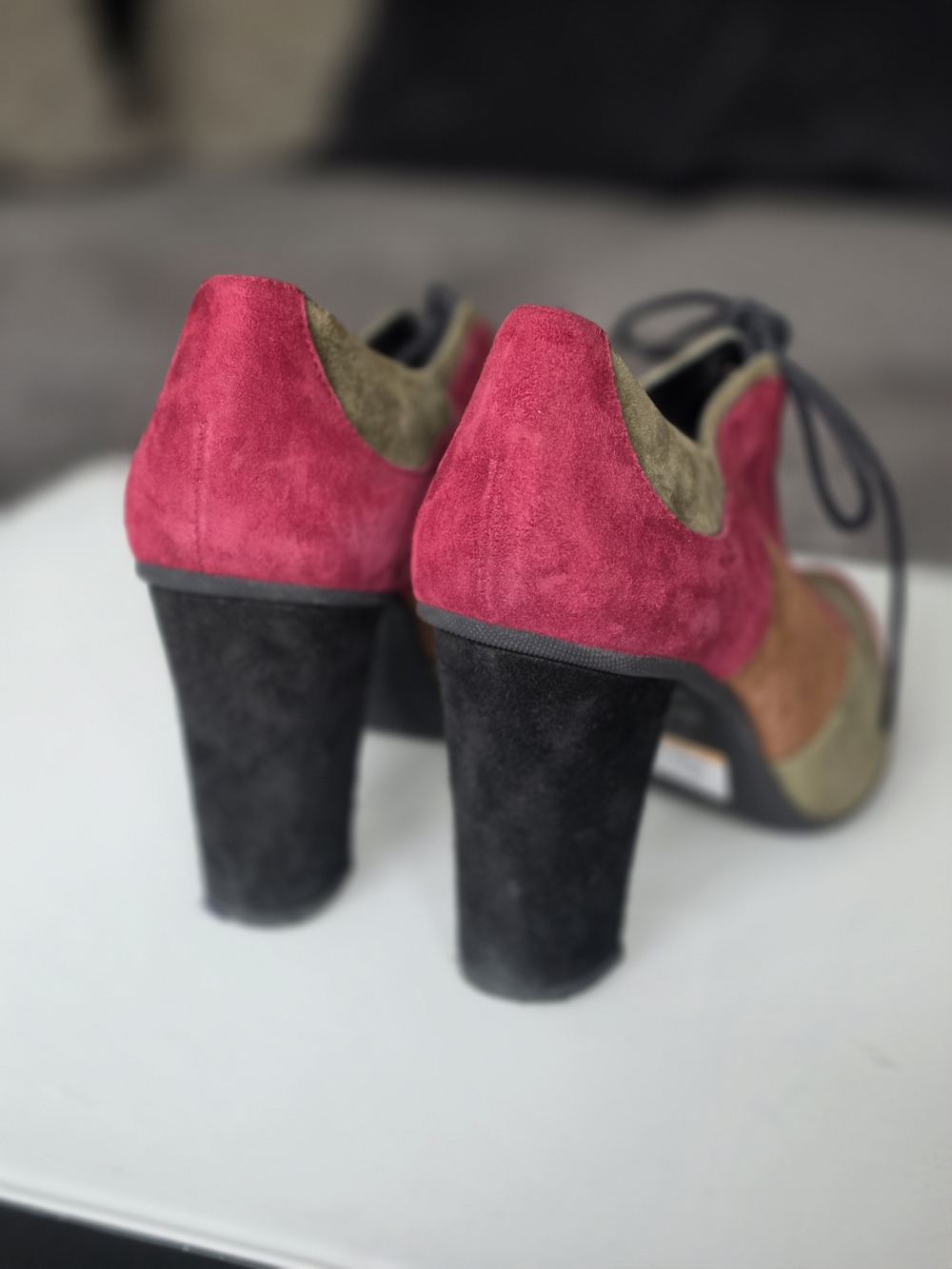 Prada Suede Colorblock Lace-Up Heels in Fuchsia, Olive & Chestnut - Picture 3 of 7